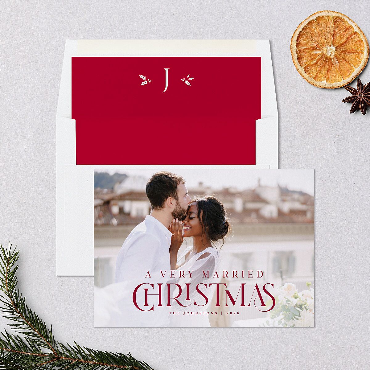 Newlywed Christmas Holiday Cards Garnet Signature Blank Standard Landscape