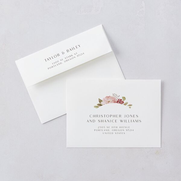 Lush Arch Save The Date Card Envelopes White Pink Cotton Both Recipient and Return Addresses Signature Standard