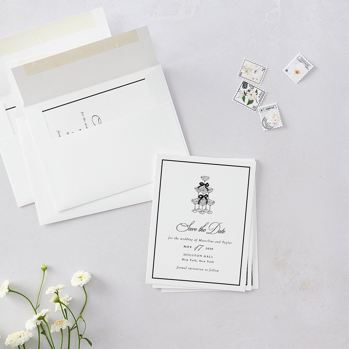 Classic Champagne with Bows Save the Date Petite Cards Pure White Signature smooth Blank No Standard