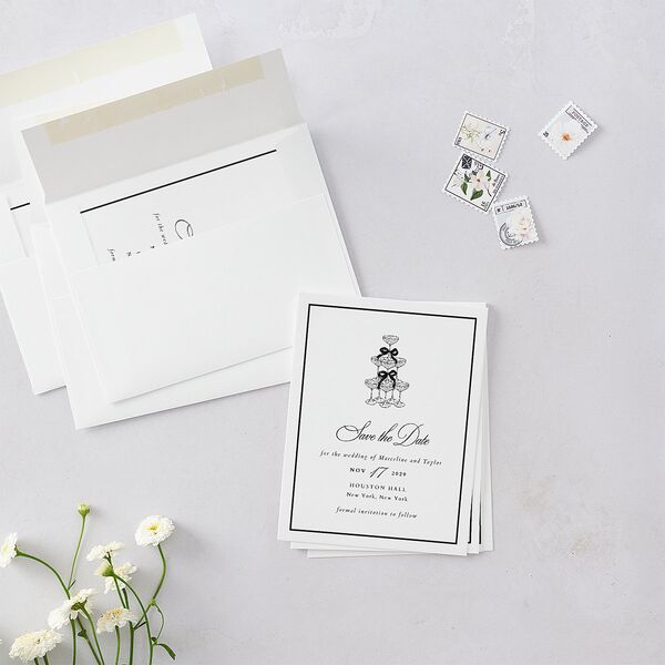 Classic Champagne with Bows Save the Date Petite Cards Pure White Signature smooth Blank No Standard