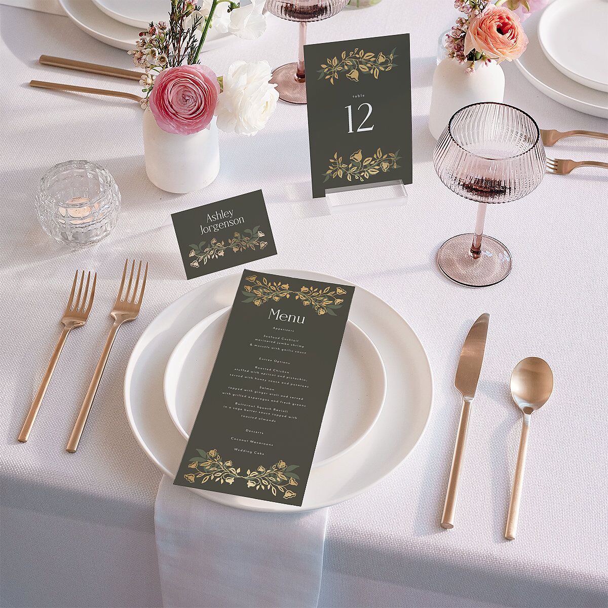 Rustic Nouveau Place Cards Gold Hunter Green Signature