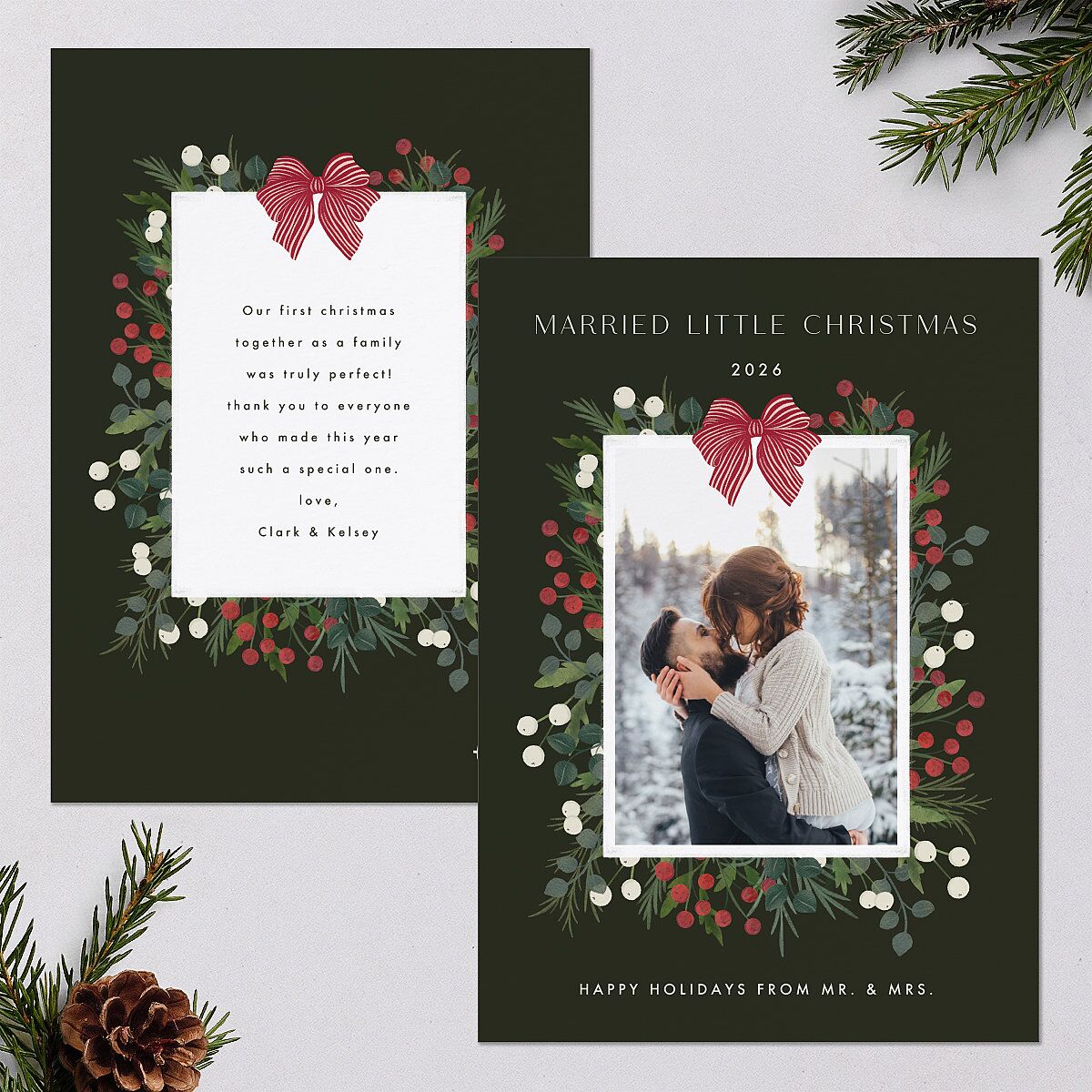 Rustic Holiday Foliage with Bow Holiday Cards Hunter Green Signature Blank Standard