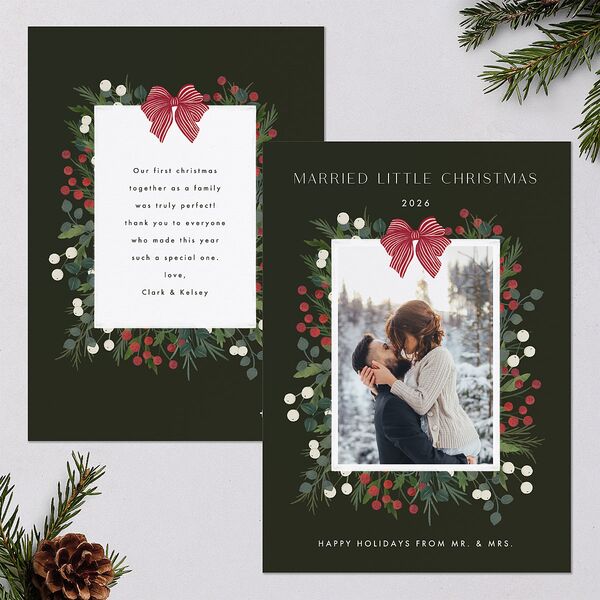 Rustic Holiday Foliage with Bow Holiday Cards Hunter Green Signature Blank Standard