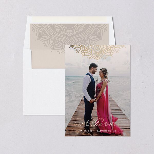 Indian Gilded Adornment Save The Date Cards Gold Sand Signature smooth Blank No Standard