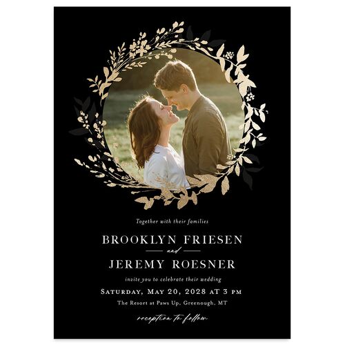 Shining Wreath Foil Wedding Invitations Midnight Gold Signature Blank No Standard