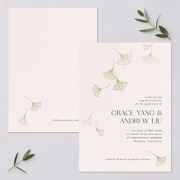 Ginkgo Leaves Wedding Invitations Gold Peony Signature Blank No Standard