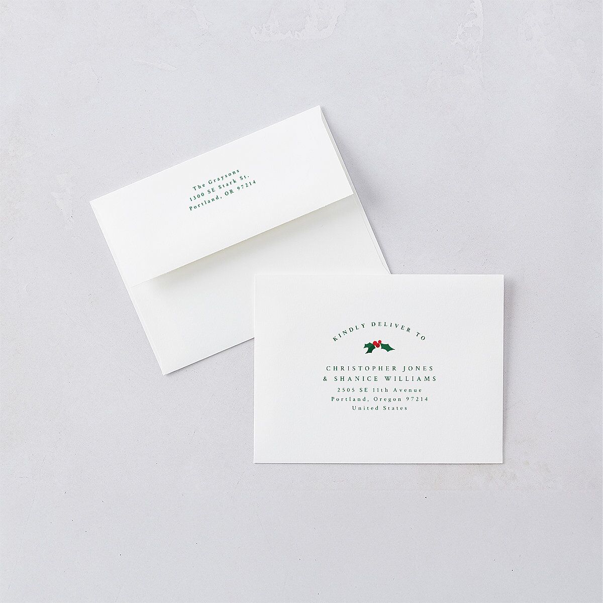 Classic Holiday Stripes Thank You Card Envelopes White Jewel Green Both Recipient and Return Addresses Signature Standard