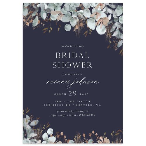 Eucalyptus Edges Bridal Shower Invitations Navy Signature Blank Standard