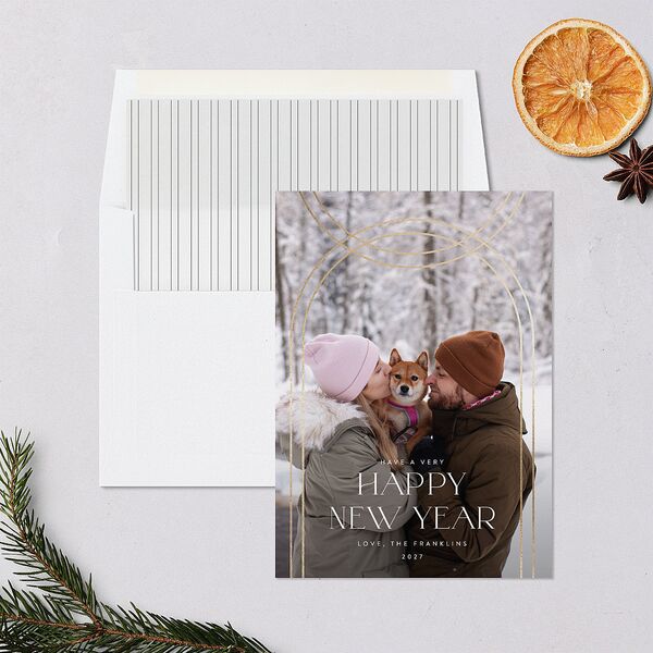 New Years Arch Holiday Cards Gold Pure White Signature Blank Standard Portrait