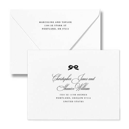 Classic Champagne with Bows Save the Date Petite Card Euro Envelopes White Pure White Both Recipient and Return Addresses Luxe Signature