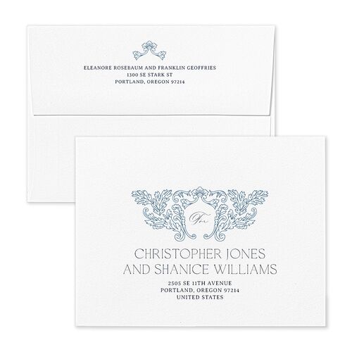 Baroque Border Thank You Card Envelopes White Moody Blue Both Recipient and Return Addresses Signature Standard