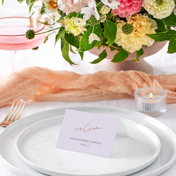 Just Love Place Cards Gold Sheer Lilac Signature