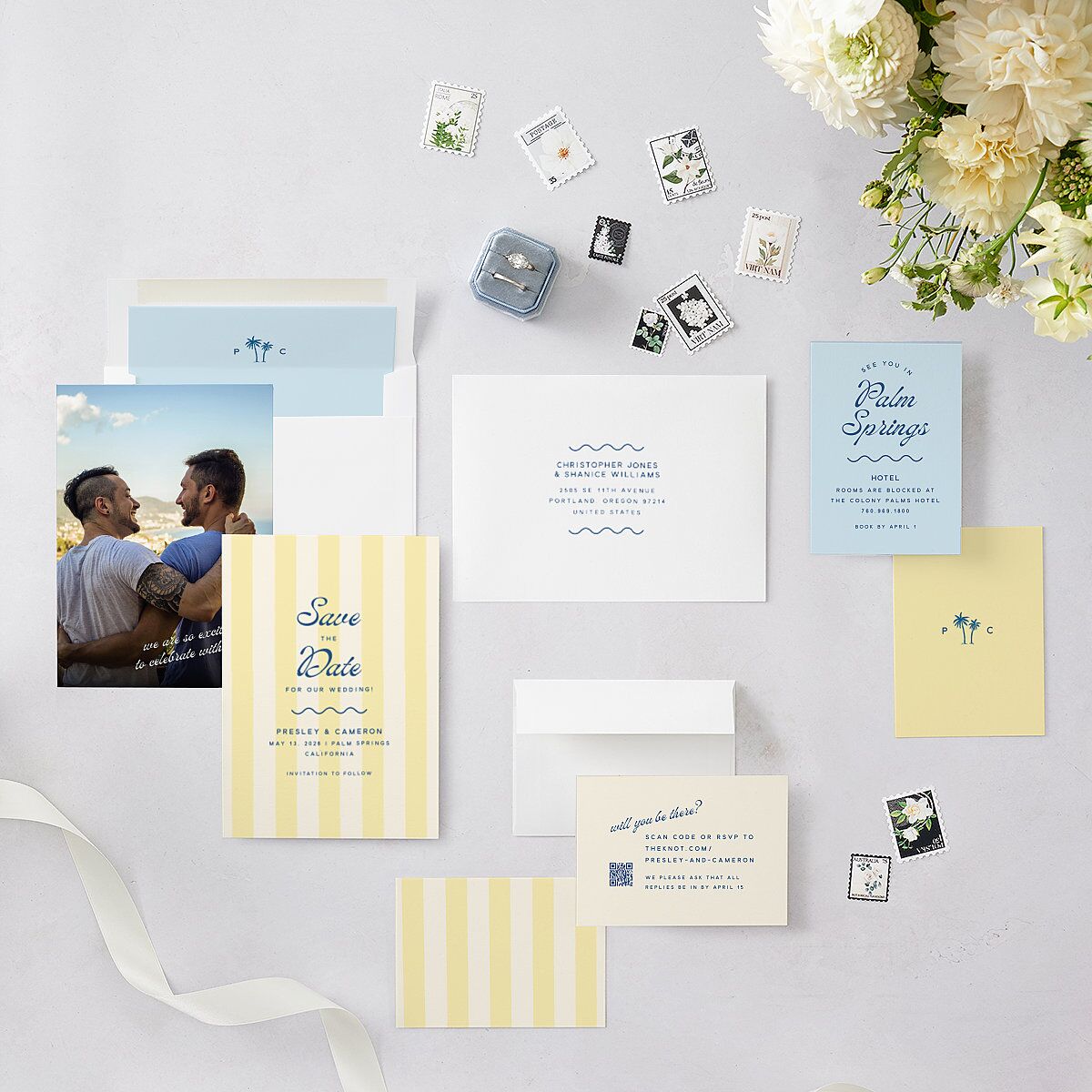 Cabana Stripes Save the Date Cards Lemon Signature smooth Blank Standard