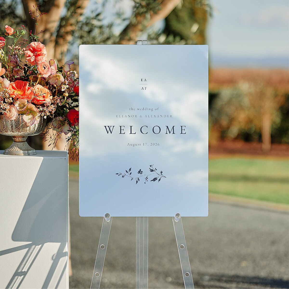 Timeless Floral Mirrored Acrylic Welcome Sign Medium Dusty Blue Mirrored Acrylic M Welcome Standard