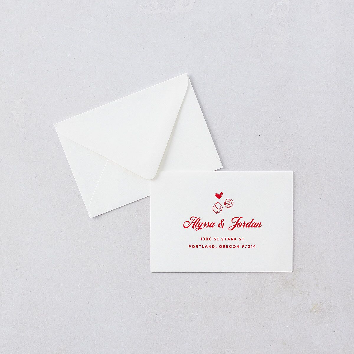 Hand Drawn Las Vegas Hearts Response Card Euro Envelopes White Crimson Return Address Luxe