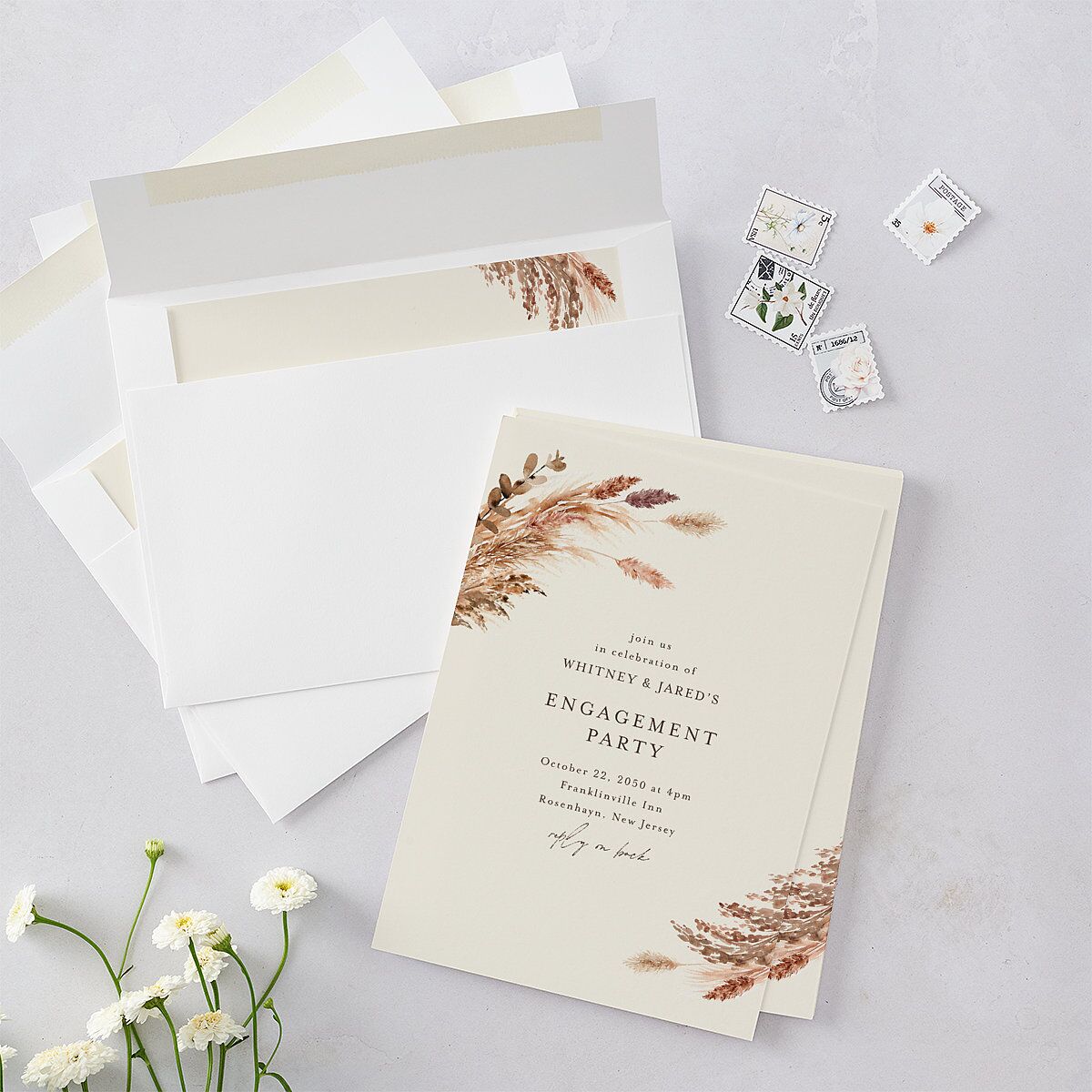 Soft Pampas Botanical Engagement Party Invitations Sepia Signature Blank Standard