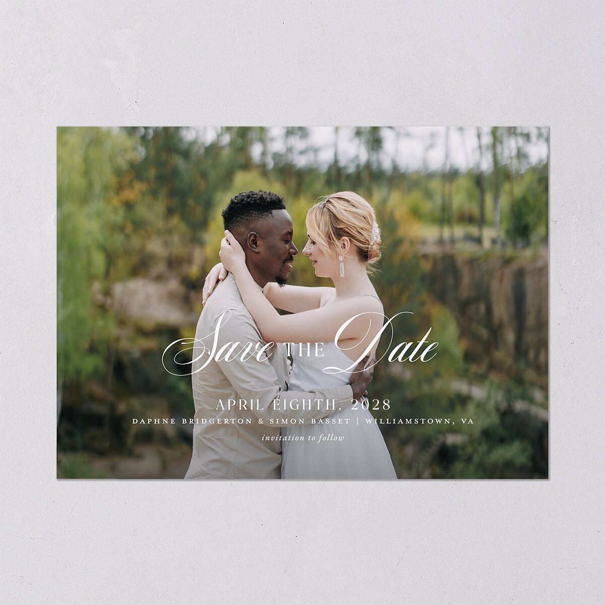 Formal Wisteria Garden Crest Save the Date Cards by Bridgerton Purple Haze Signature smooth Blank No