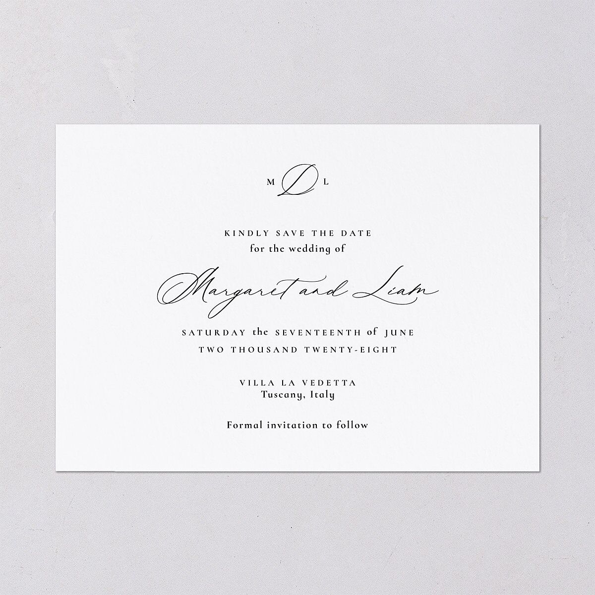 Black Tie Initial Save The Date Cards Pure White Signature smooth Blank No Standard
