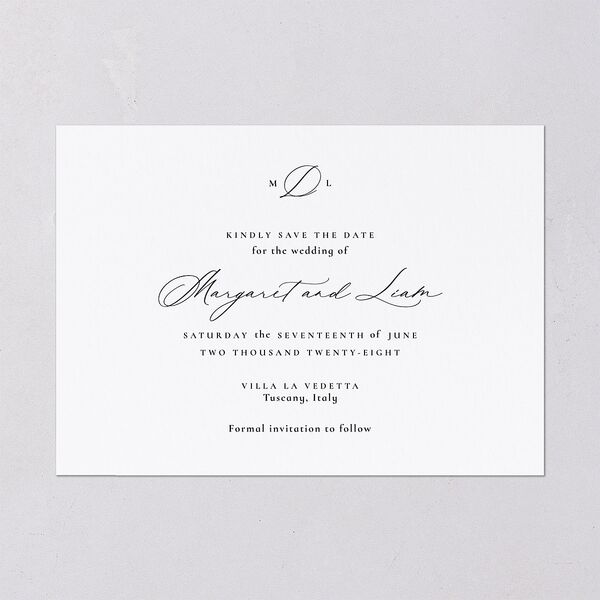 Black Tie Initial Save The Date Cards Pure White Signature smooth Blank No Standard
