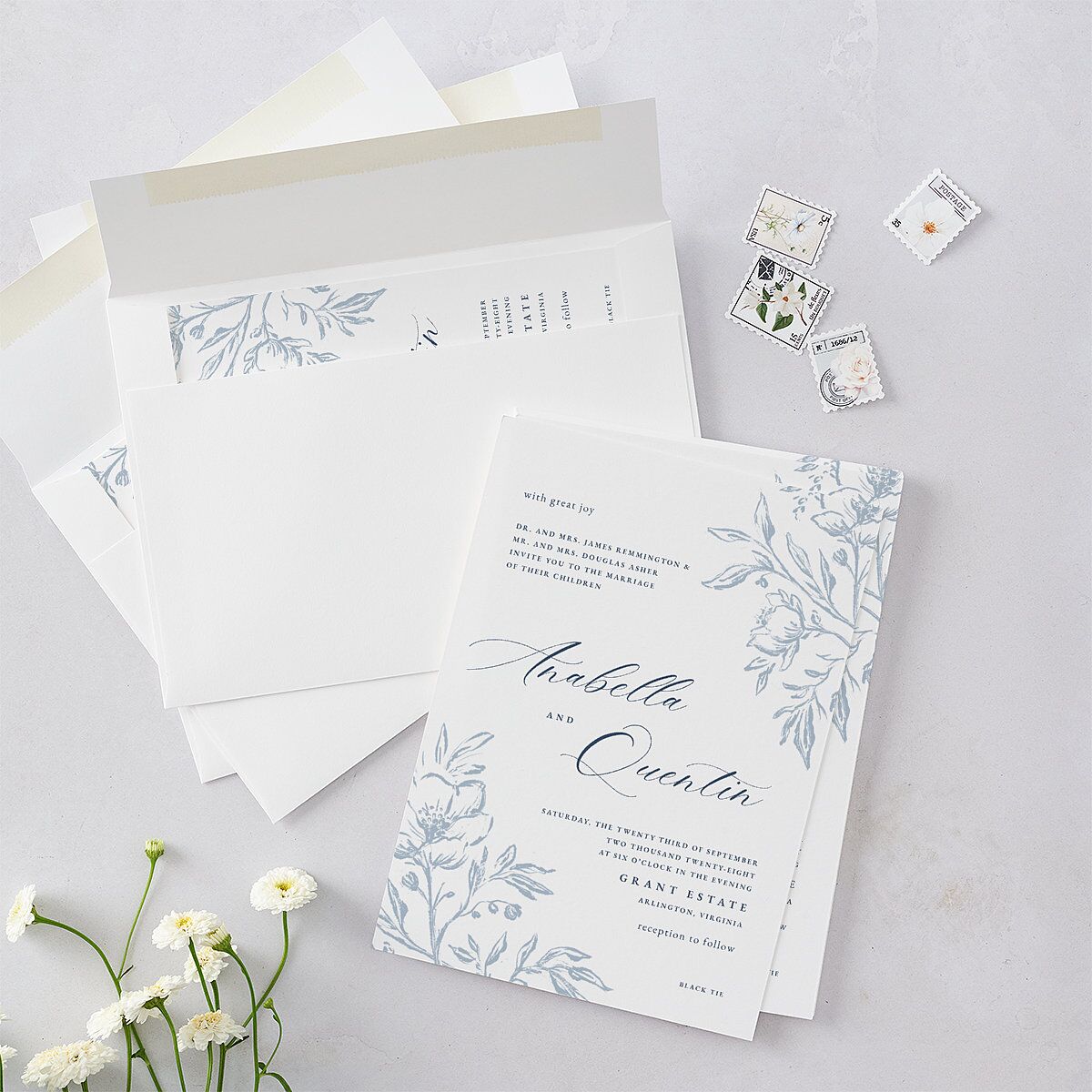Classic Floral Wedding Invitations Dusty Blue Signature Blank No