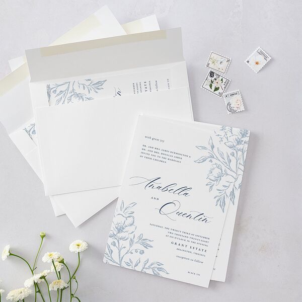 Classic Floral Wedding Invitations Dusty Blue Signature Blank No