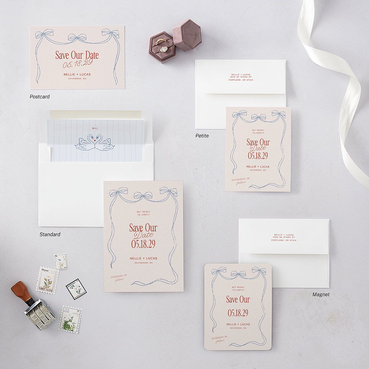 Modern Delicate Bows Save the Date Cards Jewel Red Signature smooth Blank No Standard