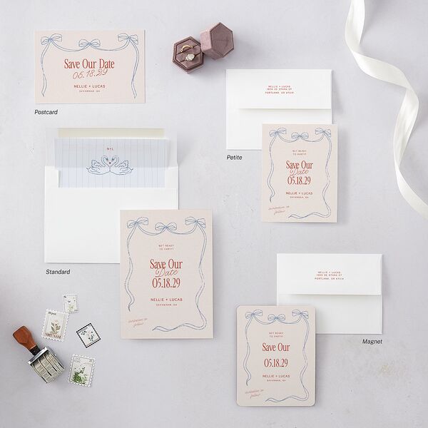 Modern Delicate Bows Save the Date Cards Jewel Red Signature smooth Blank No Standard