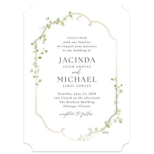Fairytale Eucalyptus Foil Wedding Invitations Pure White Gold Signature Blank No Ticket