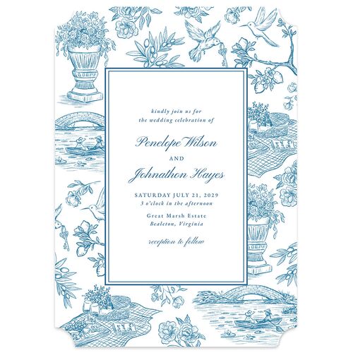 Elegant Italian Toile Wedding Invitations Regency Blue Signature Blank No Ticket
