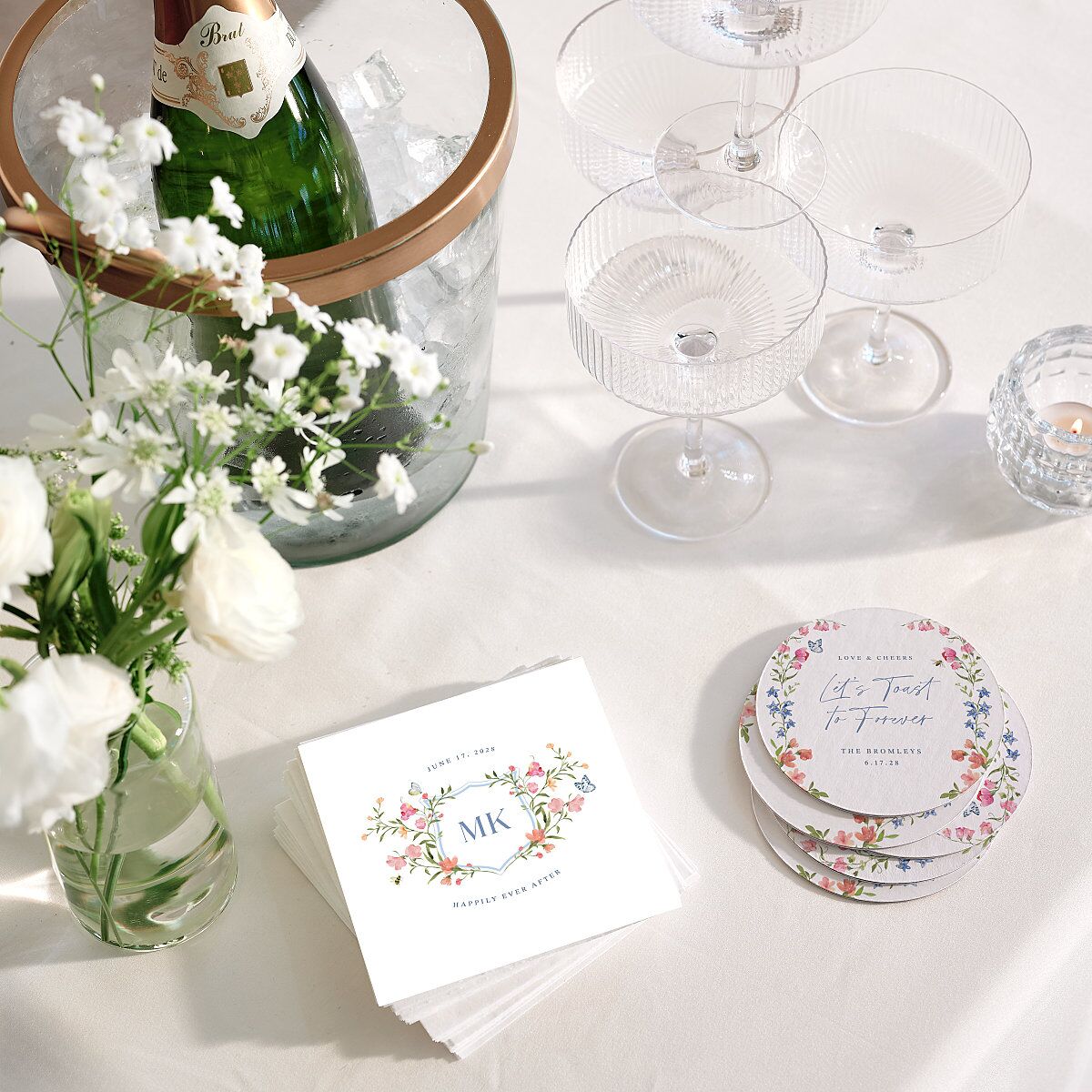 Fairytale Wildflower Crest Cocktail Napkins Pure White Napkin Uncoined