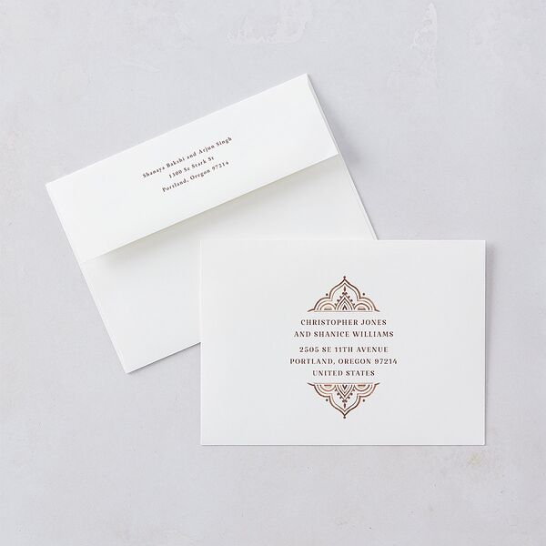 Indian Painted Henna Wedding Invitation Envelopes White Chestnut Both Recipient and Return Addresses Standard Signature