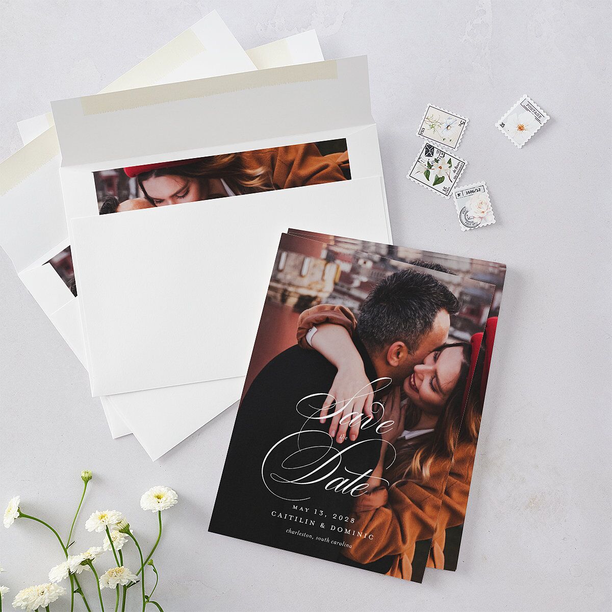 Classic Flourish Save The Date Cards Pure White Signature smooth Blank No Standard