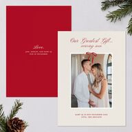 Our Greatest Gift Minimalist Bow Baby Announcement Holiday Cards Cream Signature Blank Portrait  Standard