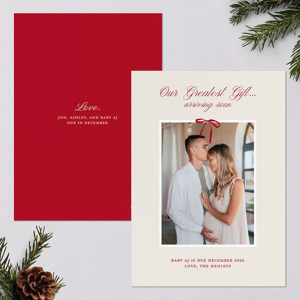 Our Greatest Gift Minimalist Bow Baby Announcement Holiday Cards Cream Signature Blank Portrait Standard