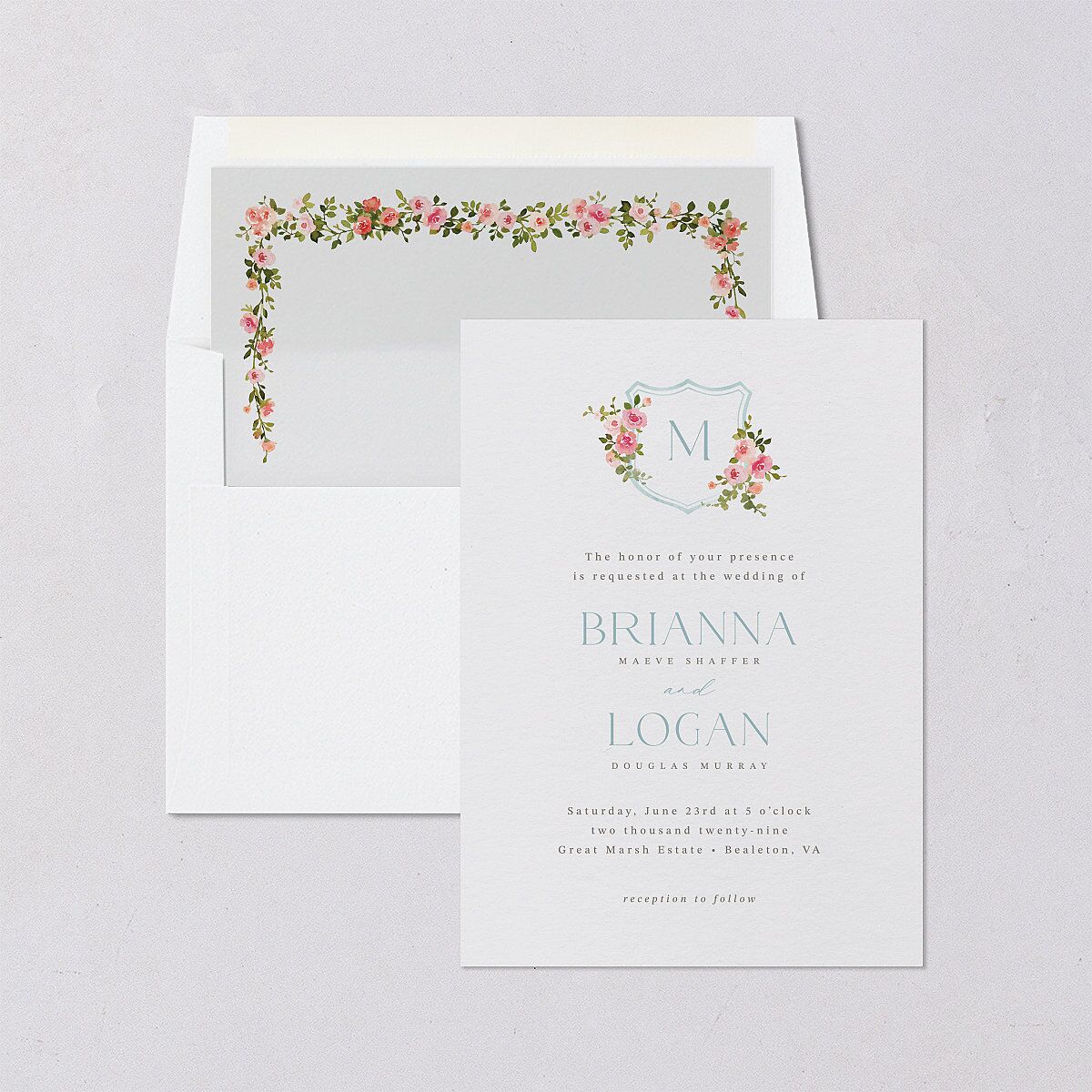 Watercolor Floral Crest Envelope Liners Shell Pink Standard