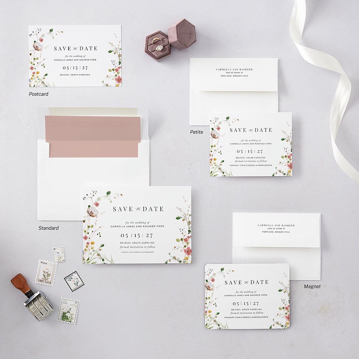 Delicate Wildflower Save the Date Petite Cards Peach Pink Signature smooth Blank No Standard