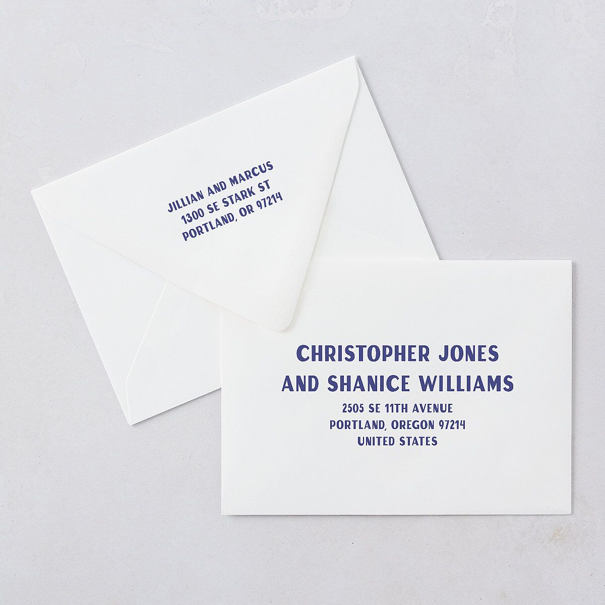 Retro Photo Postcard Inspired Save The Date Card Euro Envelopes White Sapphire Both Recipient and Return Addresses Luxe Signature