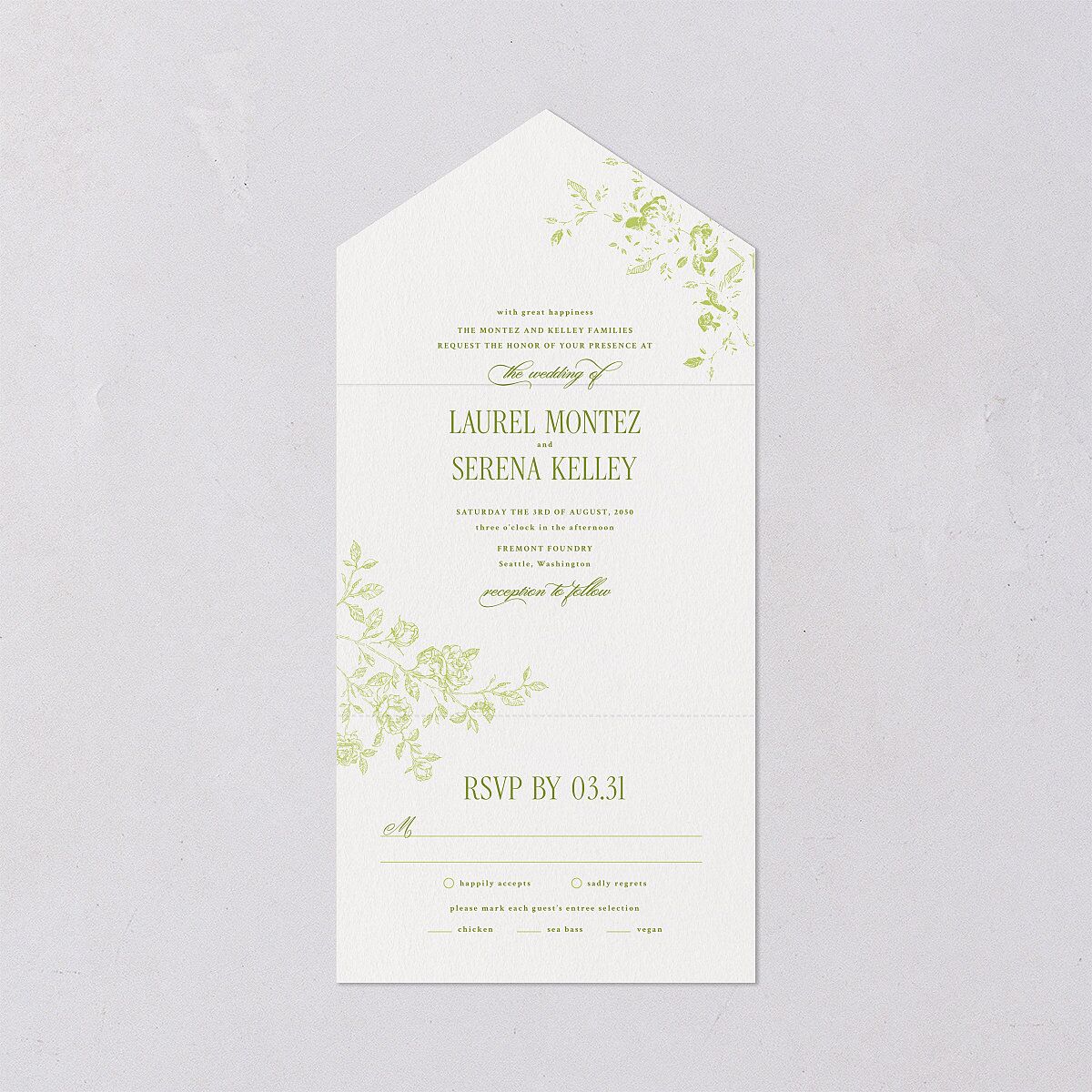 Vintage French Botanical All-in-One Wedding Invitations Meadow Signature Light Both Recipient and Return Addresses No