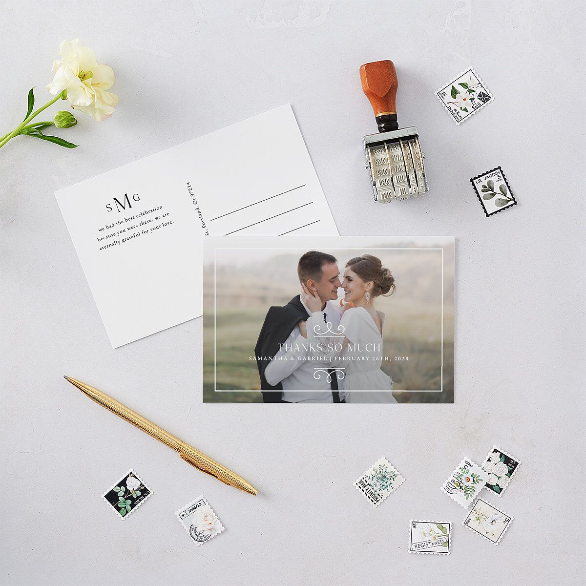 Monogram Flourish Foil Thank You Postcards Pure White