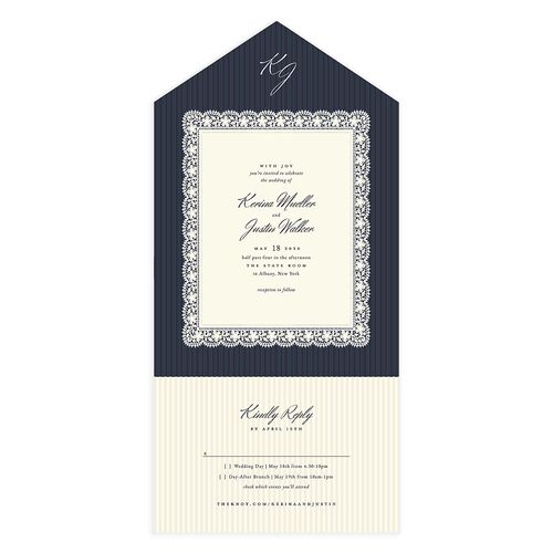 Vintage Lace All-in-One Wedding Invitations Navy Signature Light Both Recipient and Return Addresses No