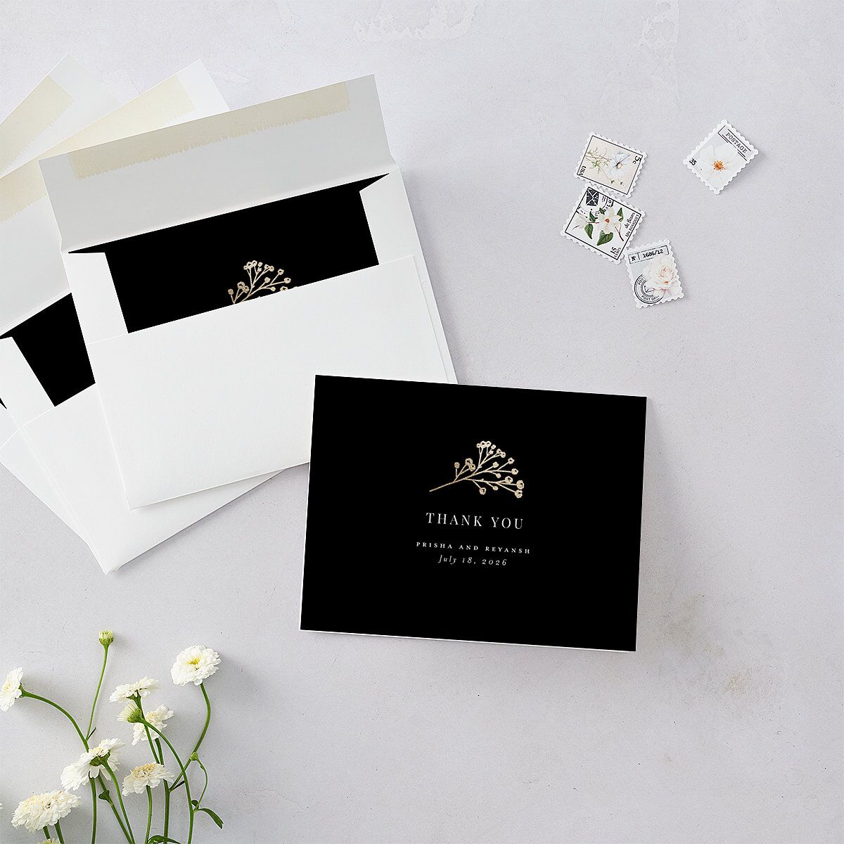 Baby's Breath Thank You Cards Gold Licorice
