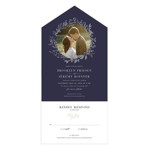 Shining Wreath All-in-One Wedding Invitations Navy Signature Light Both Recipient and Return Addresses No
