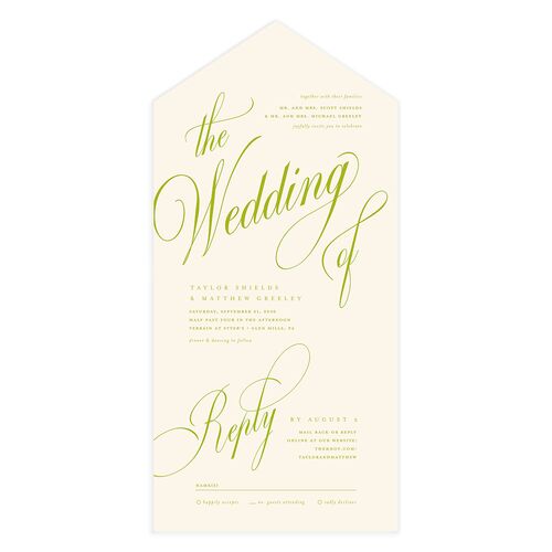 Modern Wedding Of Calligraphy All-in-One Wedding Invitations Chartreuse Signature Light Both Recipient and Return Addresses No