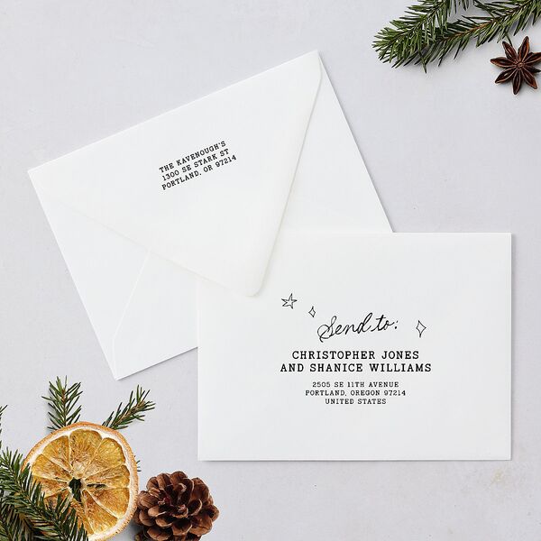 More Kids More Magic Hand Drawn Starry Photo Holiday Card Euro Envelopes White Cream Both Recipient and Return Addresses Luxe Signature