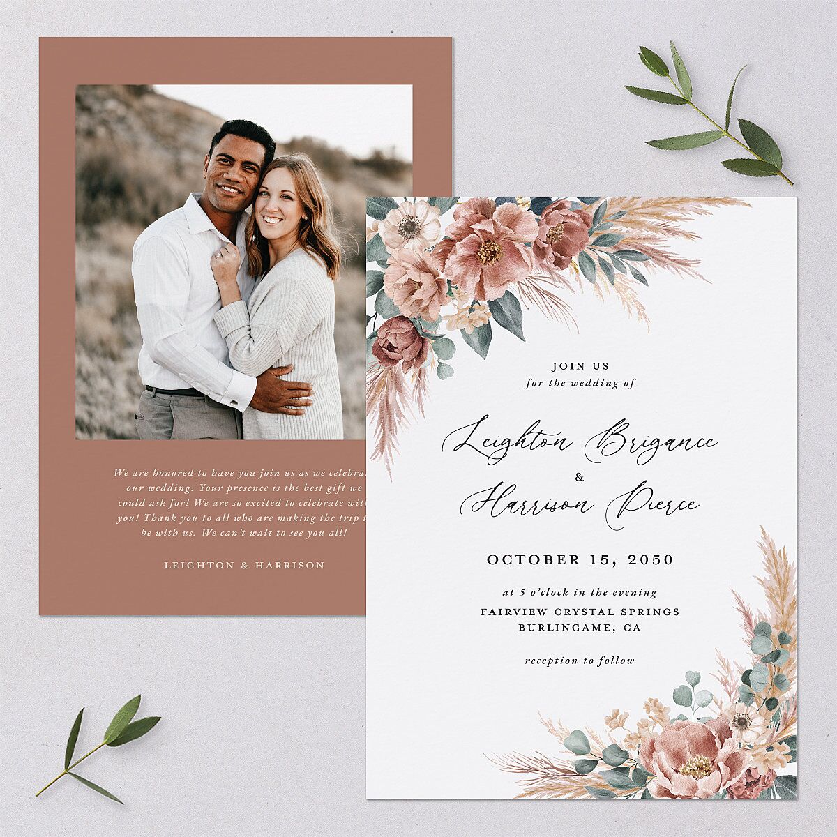 Pampas and Eucalyptus Floral Wedding Invitations Desert Rose Signature Blank No Standard