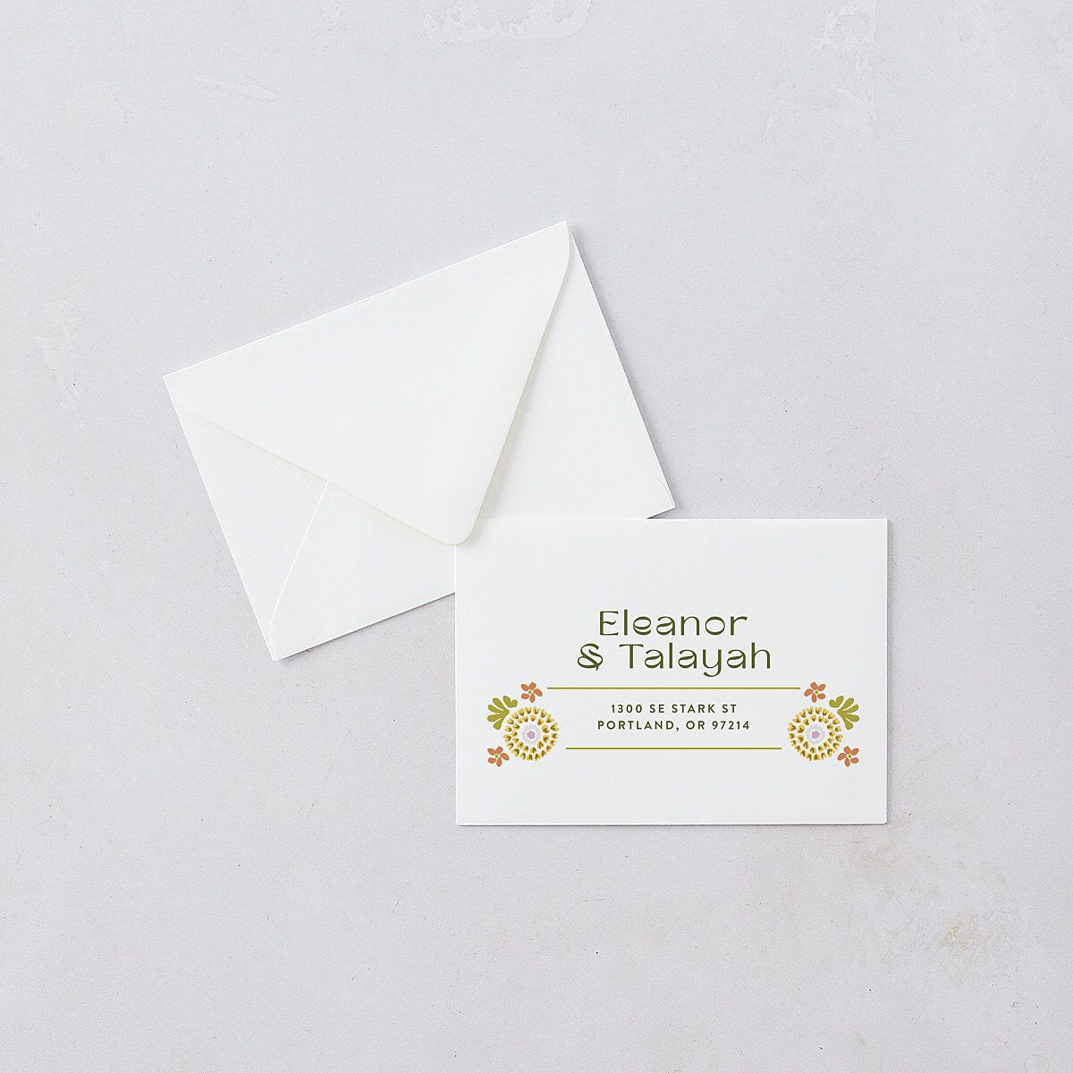 Wildflower Nouveau Response Card Euro Envelopes White Dark Camo Return Address Luxe