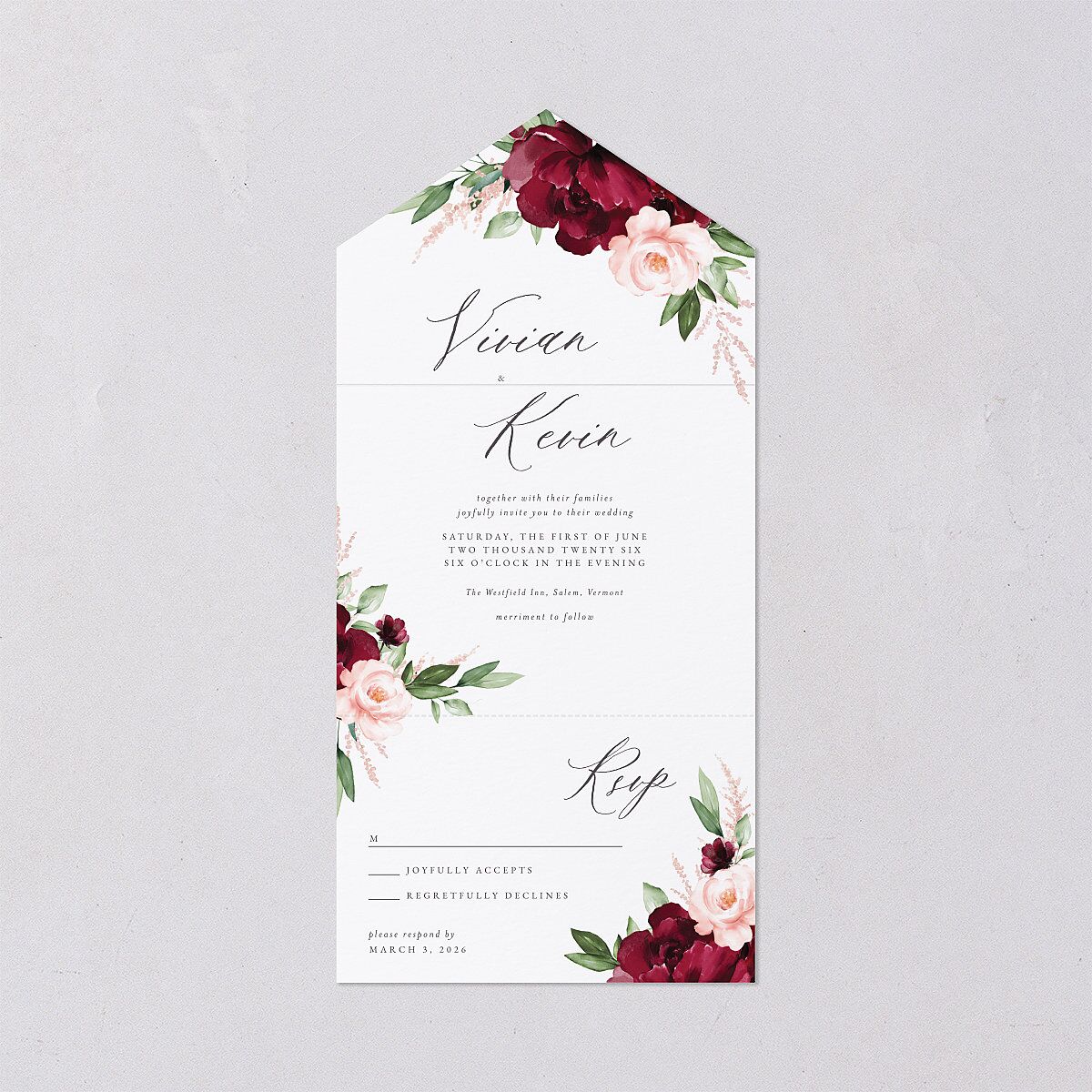 Beloved Floral All-in-One Wedding Invitations Dark Berry Signature Light Both Recipient and Return Addresses No