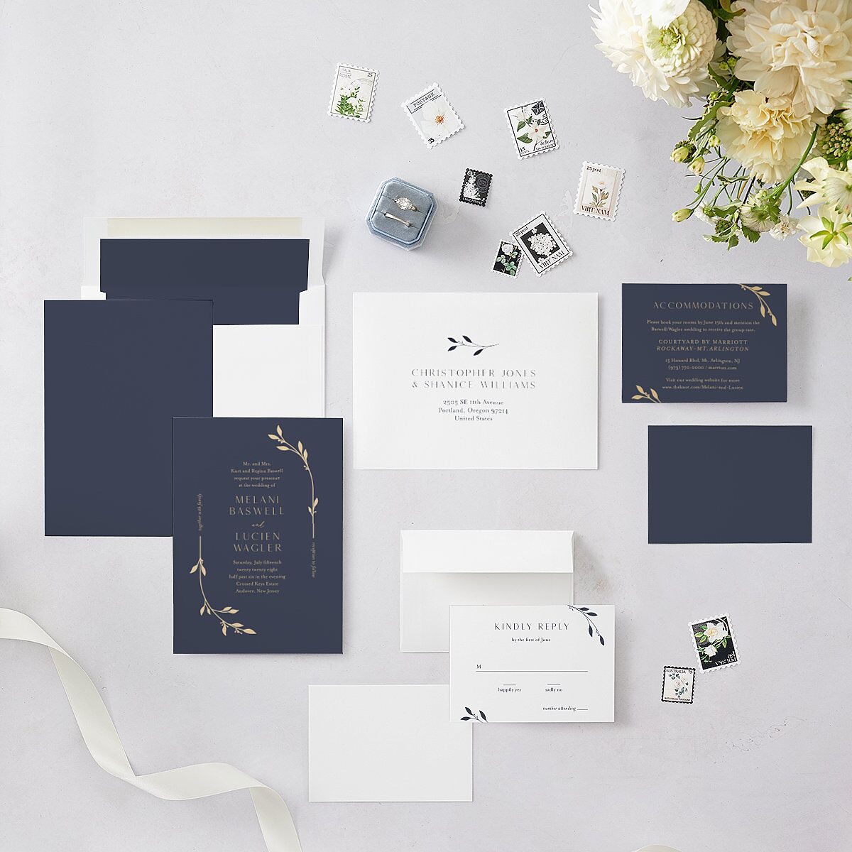 Gilded Sprigs Wedding Invitations Moody Blue Signature Blank No Standard
