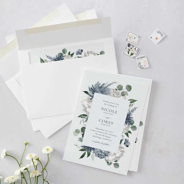 Timeless Bouquet Wedding Invitations Dusty Blue Signature Blank No Standard