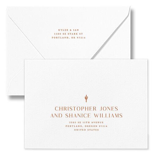 Western Desert Cactus Save The Date Card Euro Envelopes Terracotta White Both Recipient and Return Addresses Luxe Signature